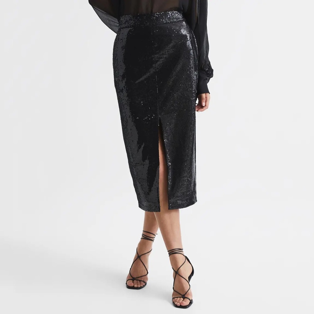 Reiss Black Sequin Dakota Pencil Skirt